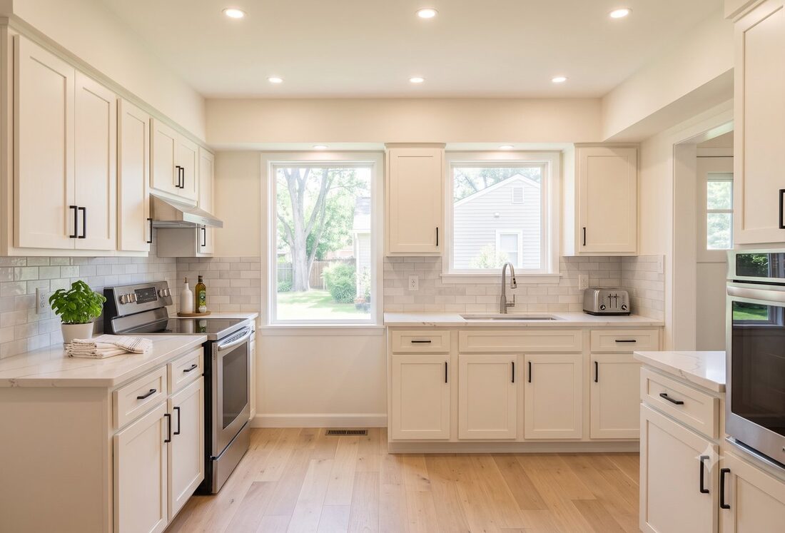 Bright renovated kitchen with white shaker cabinets, quartz counters and updated lighting